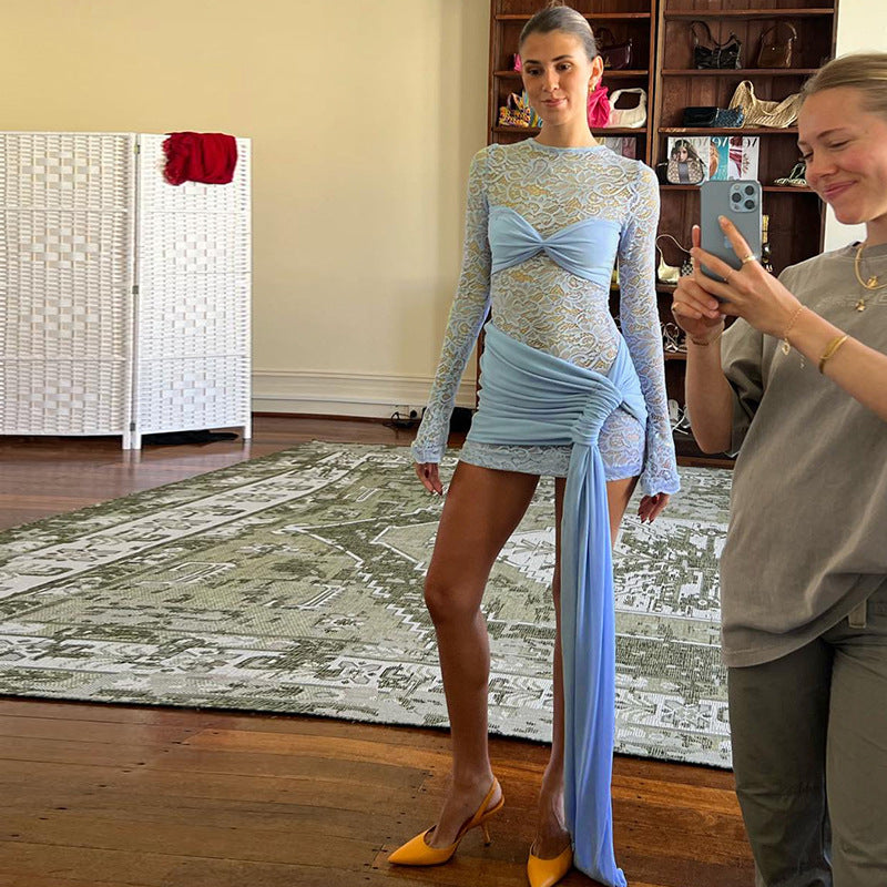 Autumn Winter Women Clothing Sexy round Neck Lace Stitching Long Sleeve Slim Fit Dress Bella Mia